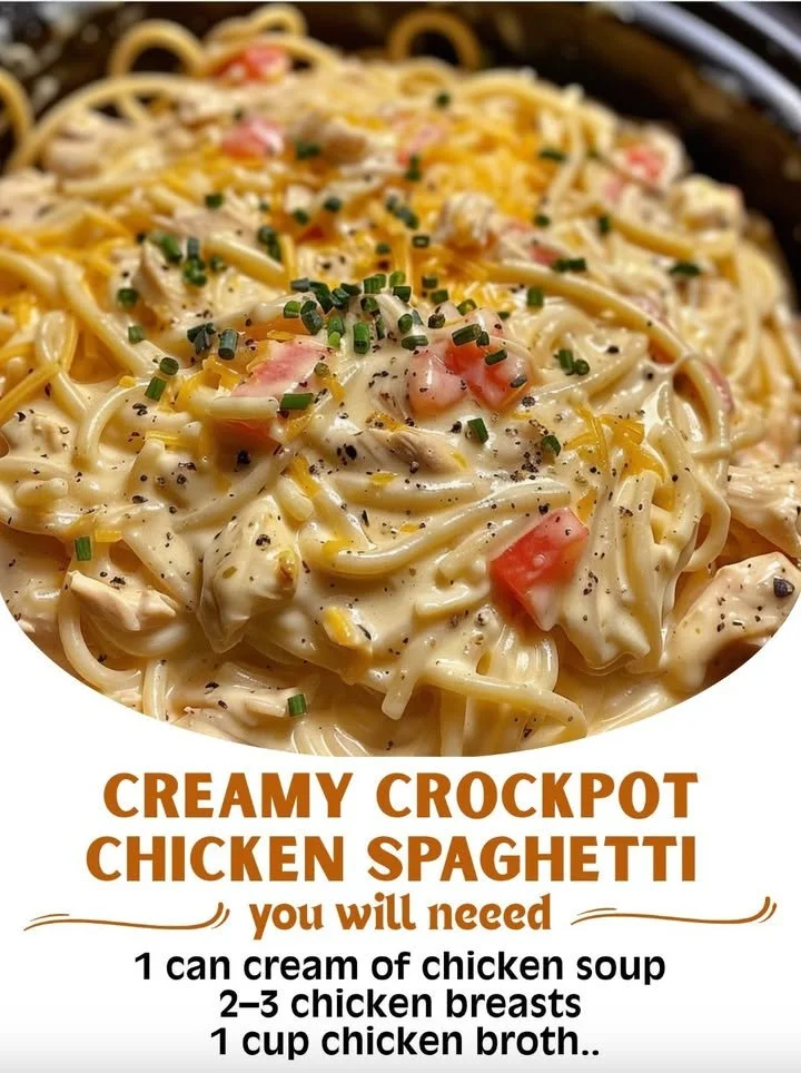 Creamy crockpot chicken spaghetti dish garnished and served on a plate