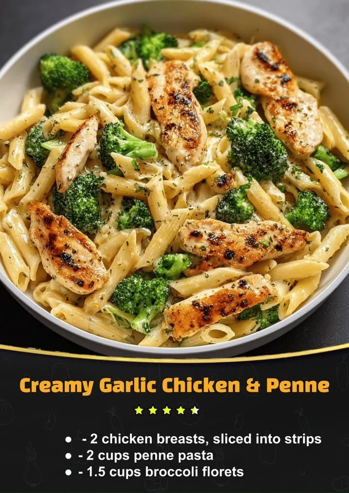 Creamy Garlic Chicken served with penne pasta in a delicious sauce