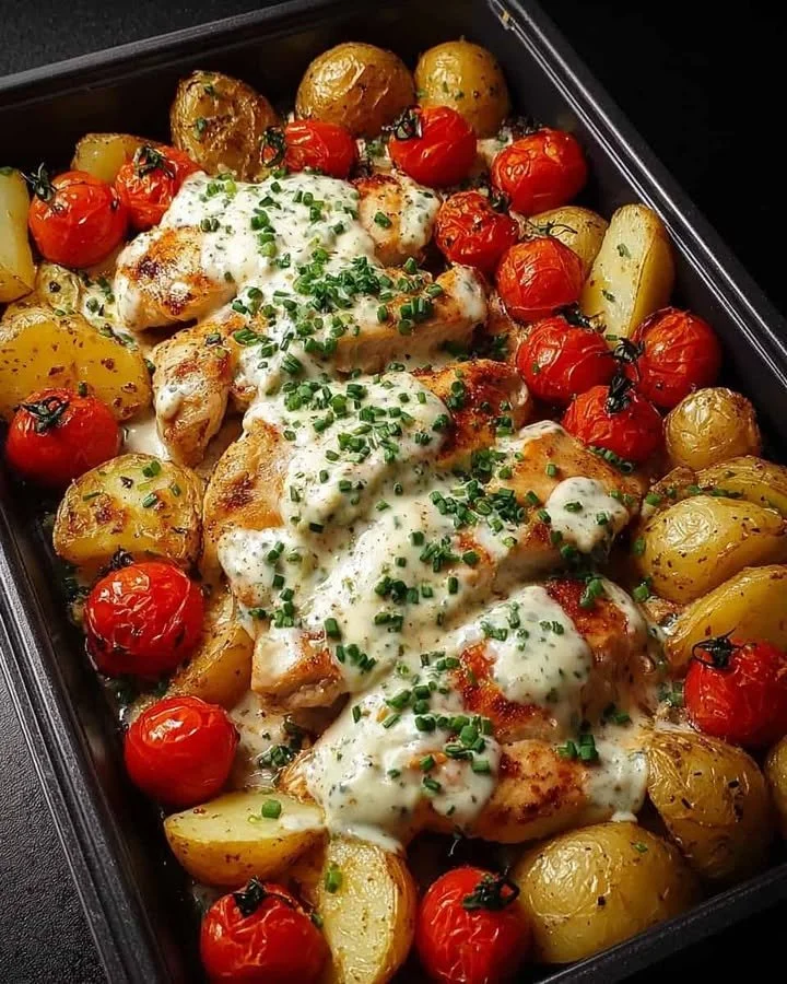 Creamy Garlic Chicken Tray Bake with Crispy Potatoes & Roasted Tomatoes