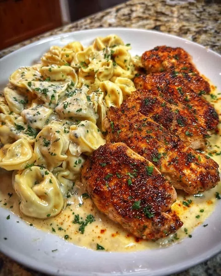 Creamy Italian Herb Chicken Tortellini Creamy Italian herb chicken tortellini served with fresh herbs and cheese.