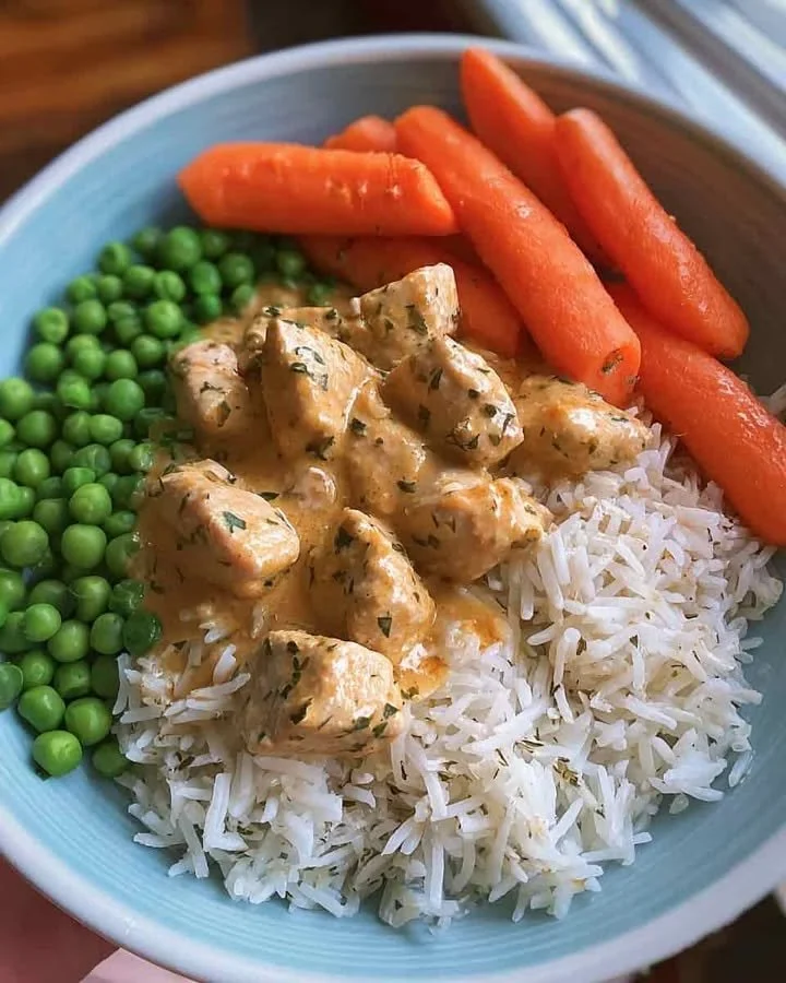 Creamy paprika chicken served with fluffy rice on a plate
