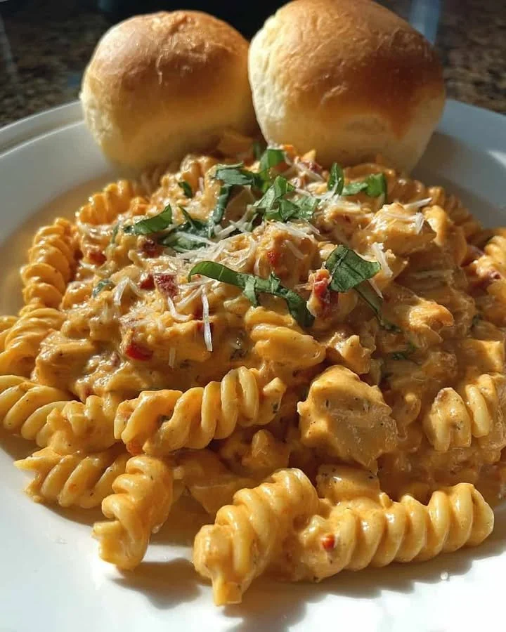 Creamy Rotel Chicken Pasta Creamy Rotel chicken pasta served in a bowl, garnished with herbs
