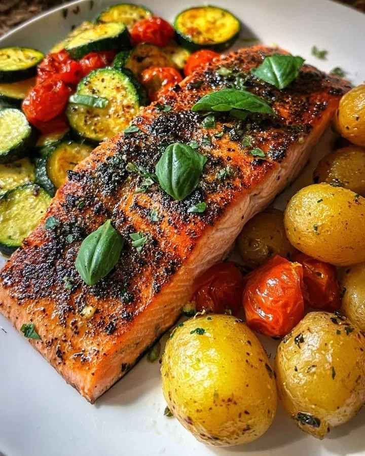 Delicious Crispy Herb Salmon served with garlic potatoes and sautéed zucchini.