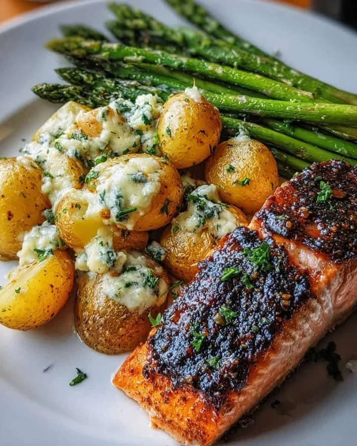 Crispy Oven Salmon with Herb Potatoes & Cheesy Roasted Asparagus Crispy oven salmon served with herb potatoes and cheesy roasted asparagus.