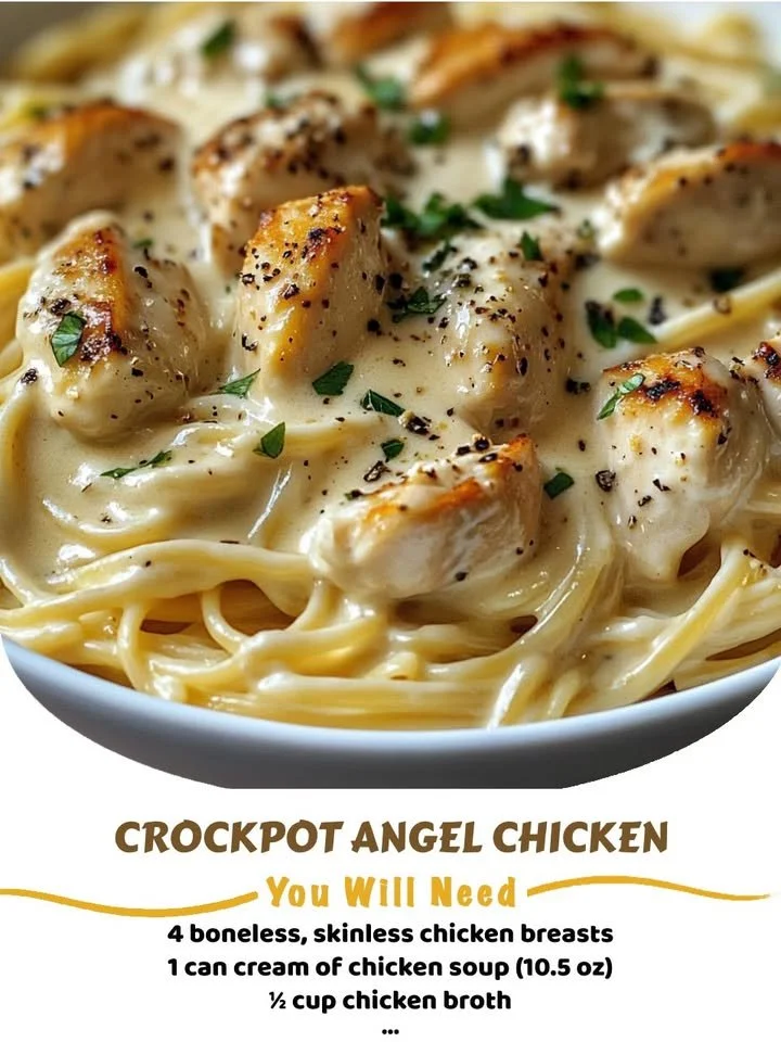 Delicious Crockpot Angel Chicken recipe with creamy sauce and tender chicken