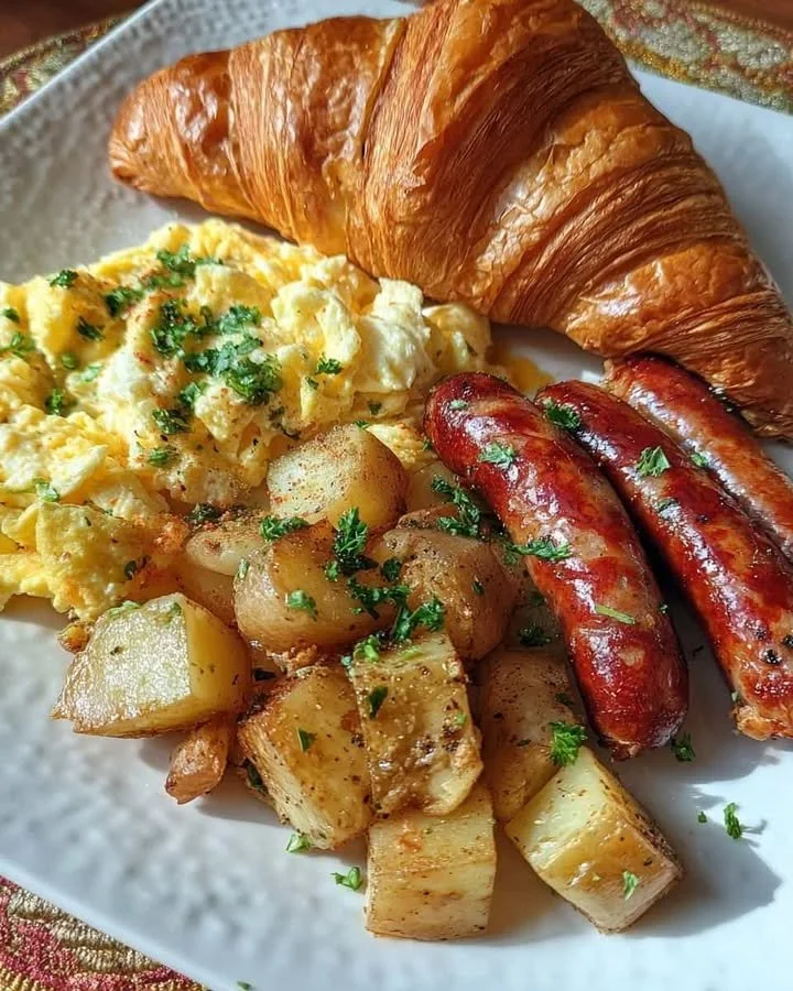Croissant Breakfast Plate with Fluffy Eggs, Crispy Potatoes & Juicy Sausage