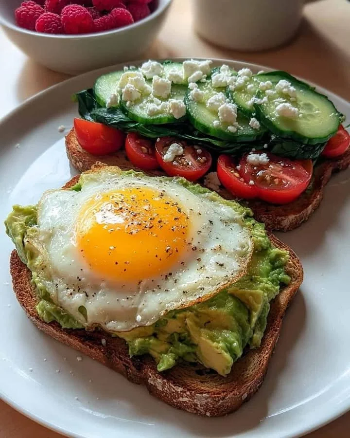 Double avocado toast brunch plate topped with a sunny side up egg.