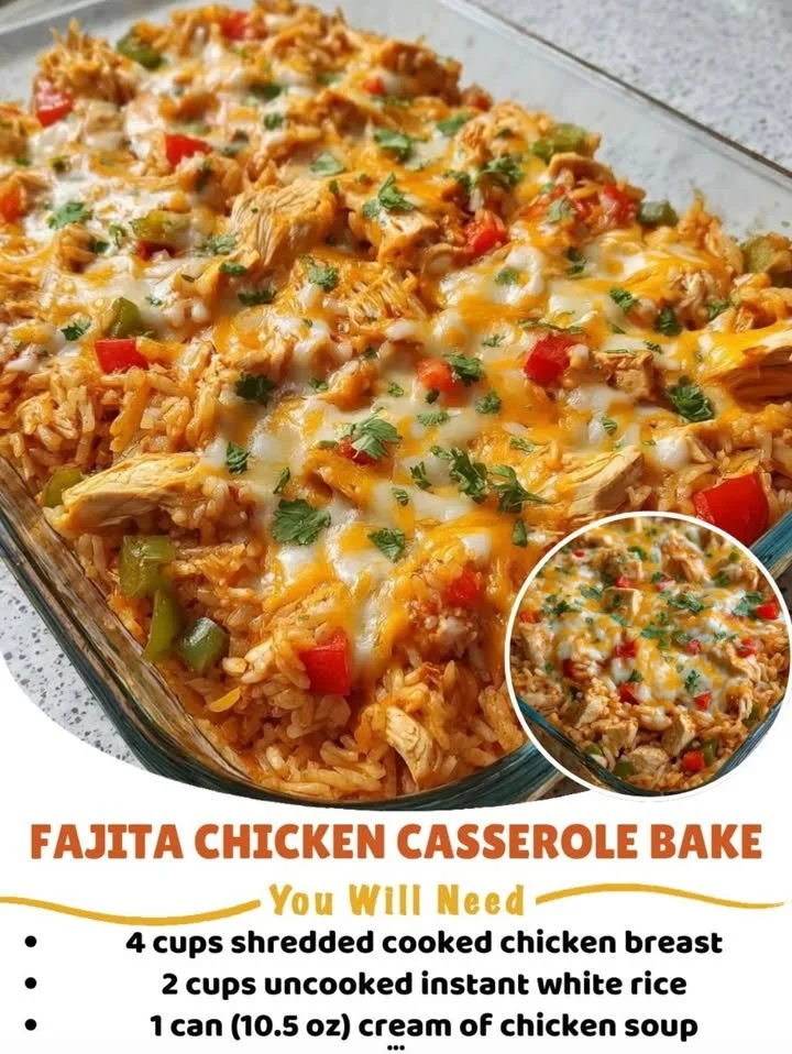 Delicious Fajita Chicken Casserole Bake with colorful peppers and cheese.