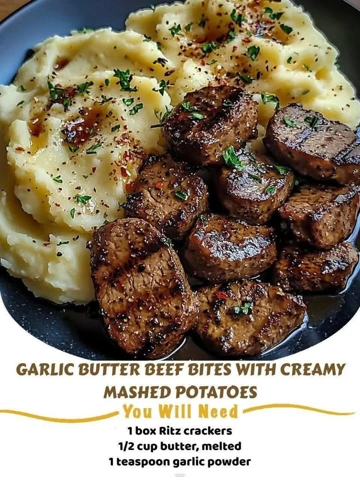 Delicious garlic butter beef bites served with creamy mashed potatoes