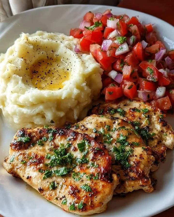 Garlic Butter Chicken with Creamy Mash & Fresh Tomato Salad Delicious Garlic Butter Chicken with creamy mash and fresh tomato salad