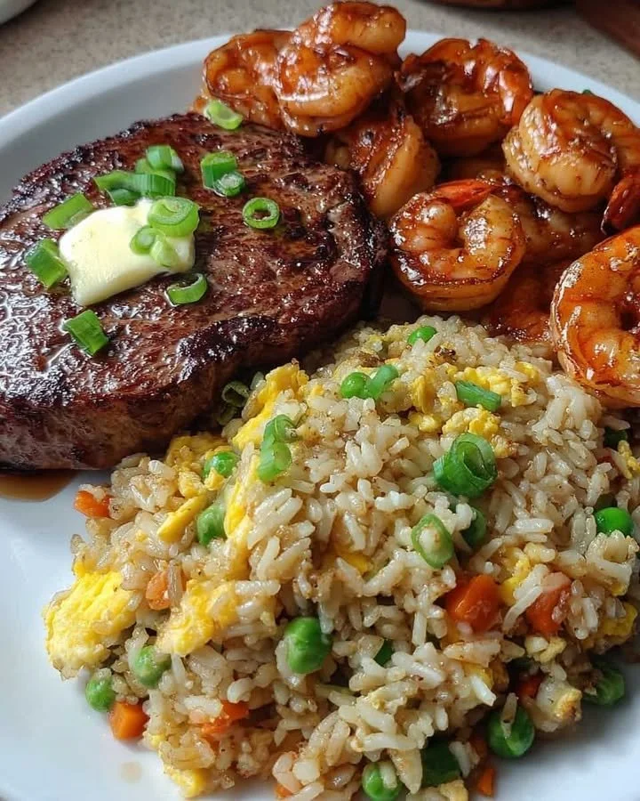 Garlic Butter Steak with honey shrimp and fried rice on a plate
