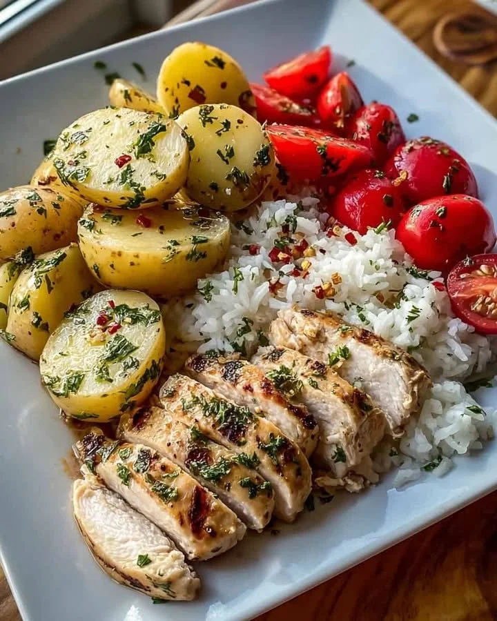 Garlic Chicken Plate with Herbed Potatoes, Rice & Fresh Tomatoes