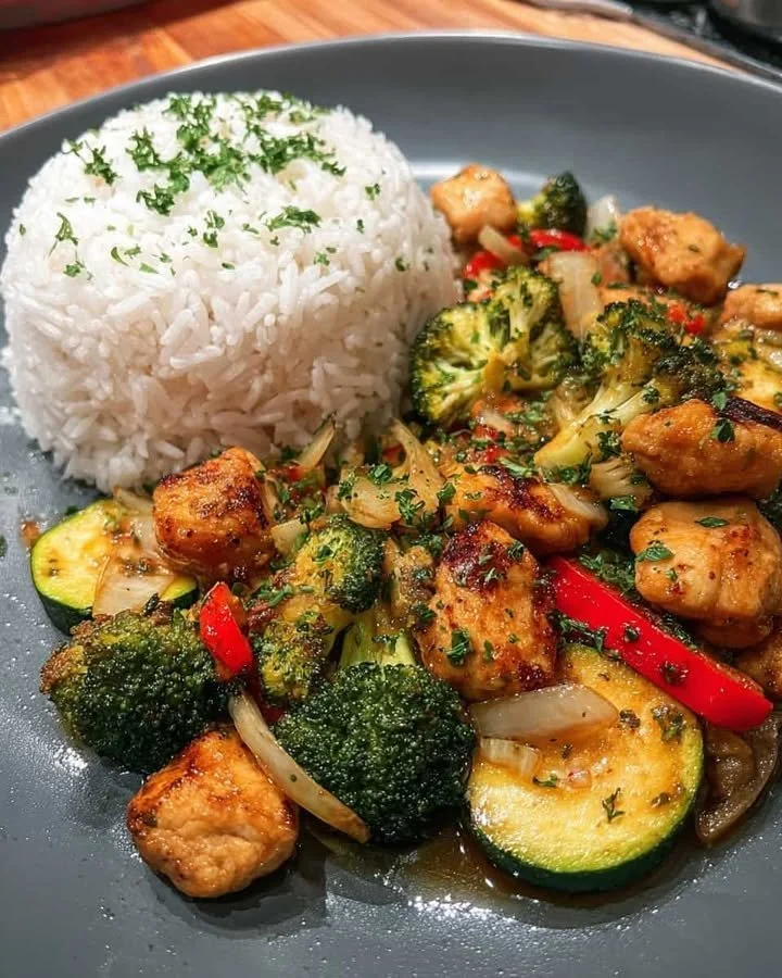 Garlic Chicken Veggie Stir-Fry with Fluffy Rice