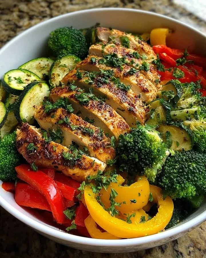Garlic Herb Chicken Veggie Bowl with fresh vegetables and herbs