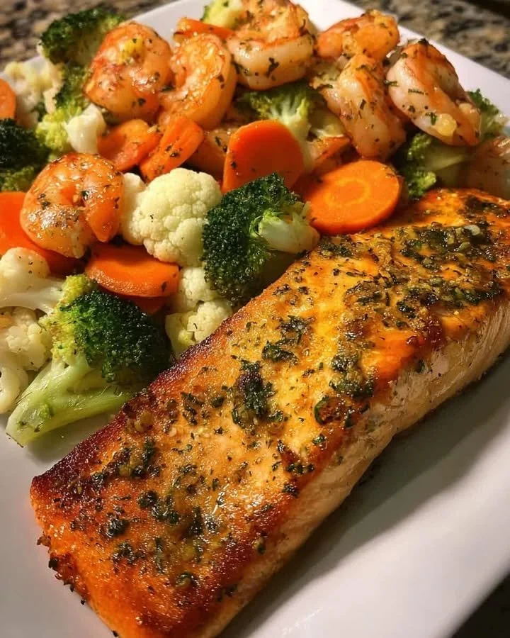 Garlic Herb Salmon with Shrimp & Roasted Veggies Plate of Garlic Herb Salmon with shrimp and roasted vegetables