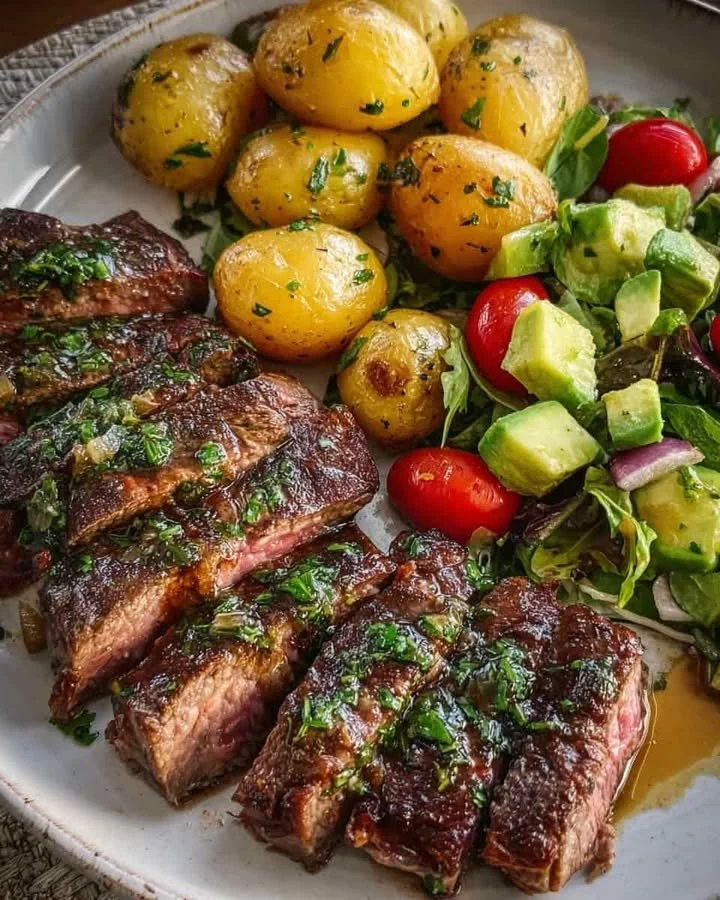 Garlic Herb Steak Plate with Fresh Cucumber Avocado Salad Delicious Garlic Herb Steak served with a vibrant cucumber avocado salad