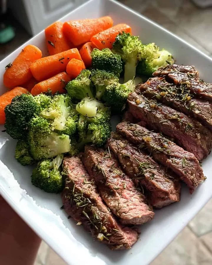 Garlic Herb Steak served with broccoli and carrots on a power plate