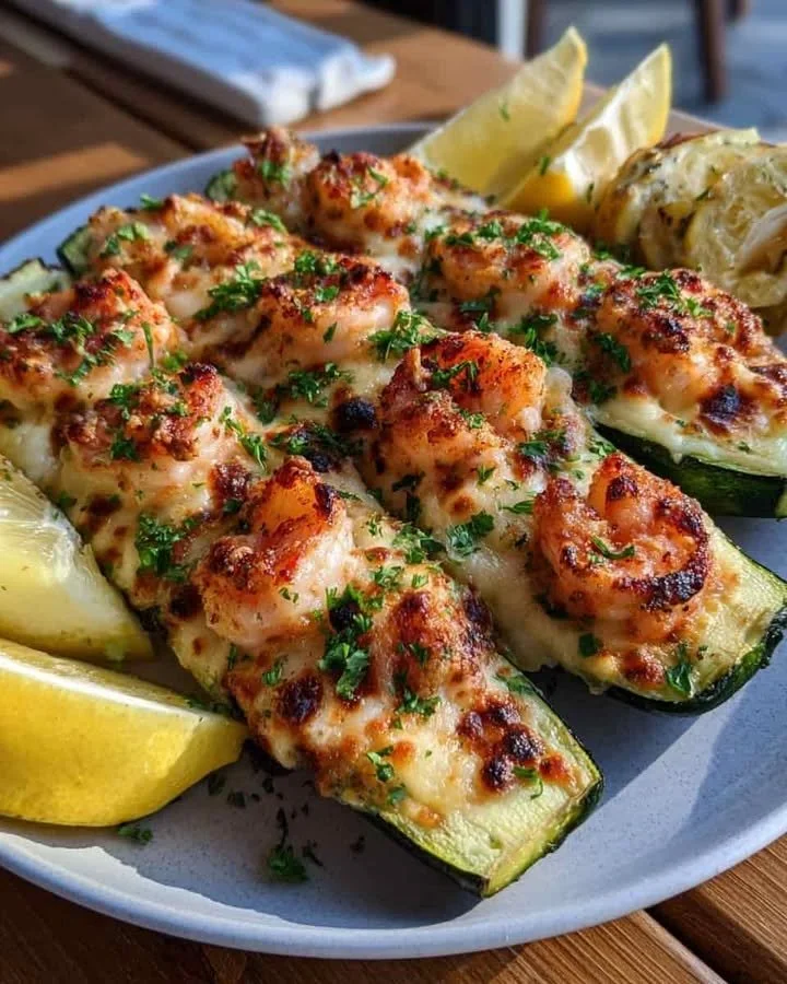 Garlicky shrimp zucchini boats filled with shrimp and herbs