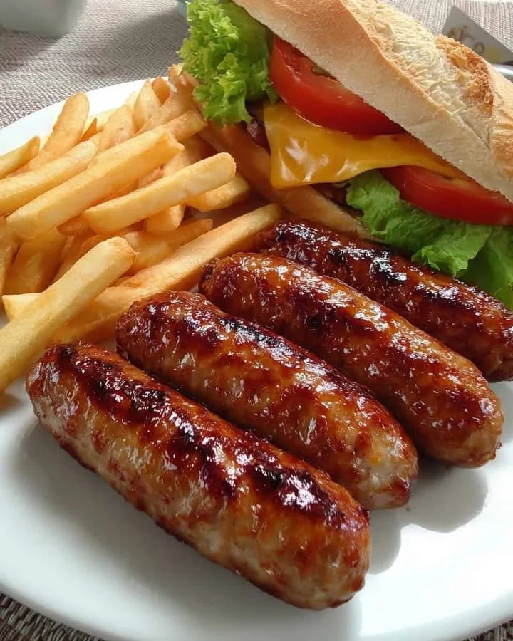Glazed Grilled Sausage Plate with Cheeseburger Baguette & Crispy Fries