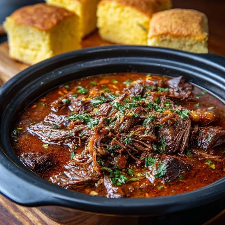 Grandma's Slow-Cooked Beef Delicious slow-cooked beef served with vegetables in a rustic bowl