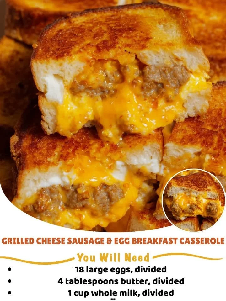 Grilled Cheese Sausage & Egg Breakfast Casserole served in a baking dish