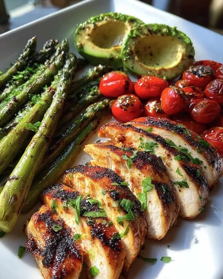 Grilled chicken and asparagus plate with burst tomatoes, healthy gourmet dish