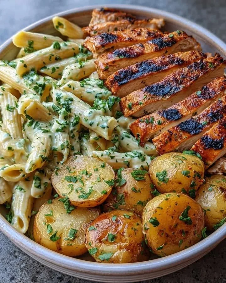 Delicious grilled chicken bowl with creamy herb pasta and roasted baby potatoes