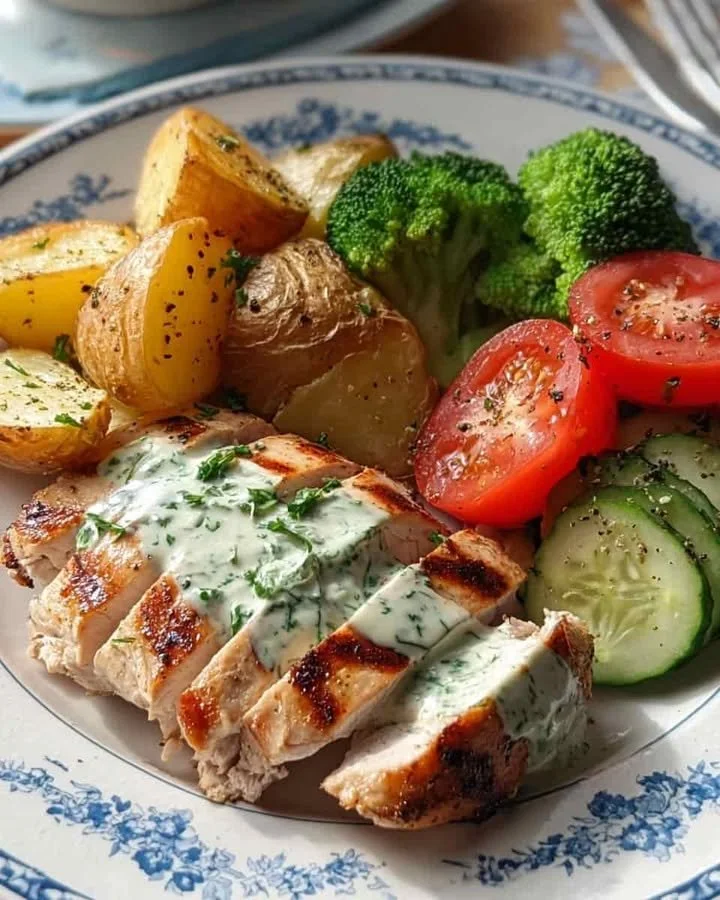 Grilled chicken with herb cream served alongside roasted potatoes