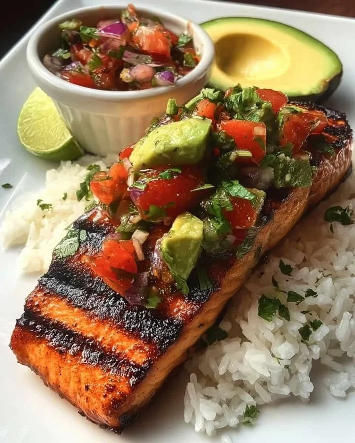 Grilled Salmon with Fresh Avocado Salsa & Rice Bliss