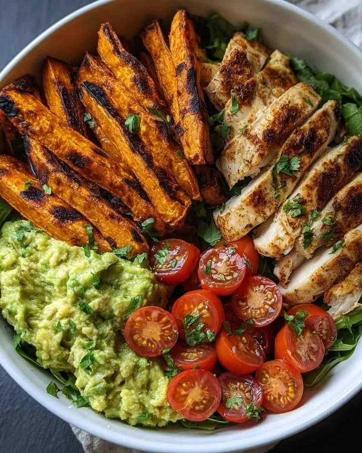 Healthy Chicken Power Bowl with Sweet Potato Fries & Tomato Avocado Mix