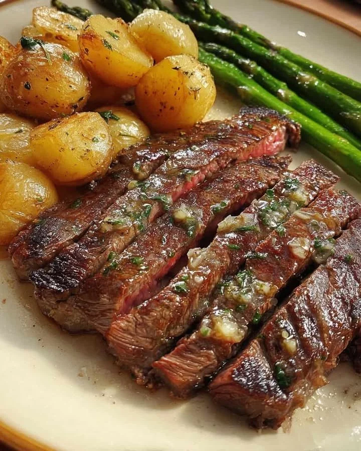 Herb Grilled Steak with Garlic Asparagus & Roasted Potatoes Herb grilled steak served with garlic asparagus and roasted potatoes on a plate