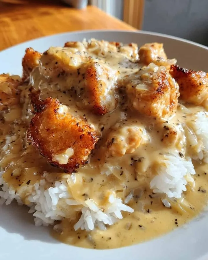 Homemade Smothered Chicken and Rice Delicious homemade smothered chicken served over rice in a rich sauce.
