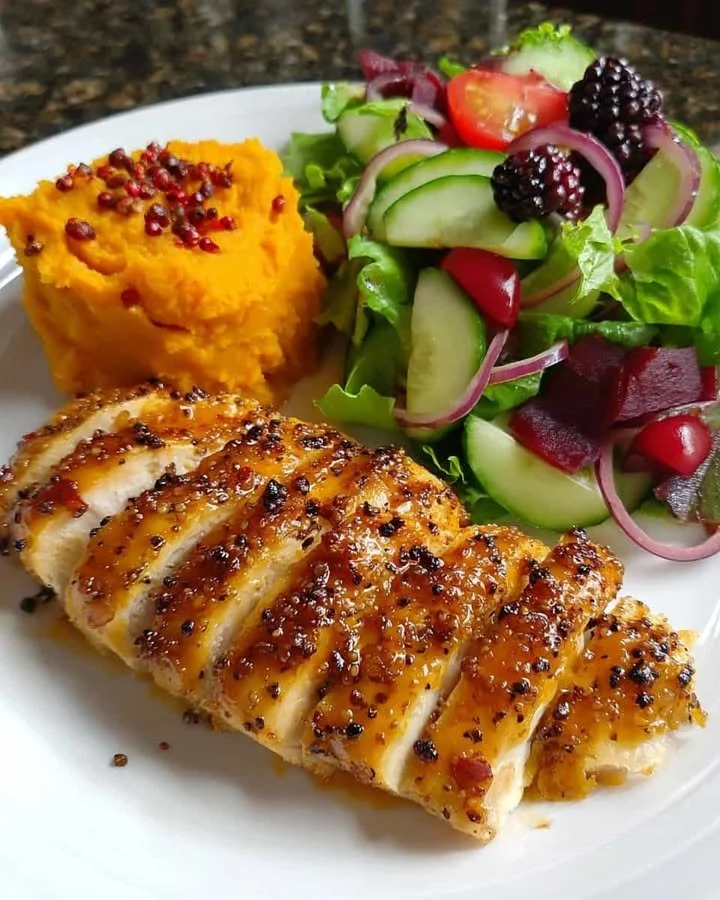 Honey Garlic Glazed Chicken Breast with Sweet Potato Mash & Berry Salad Honey garlic chicken breast served with sweet potato mash and berry salad