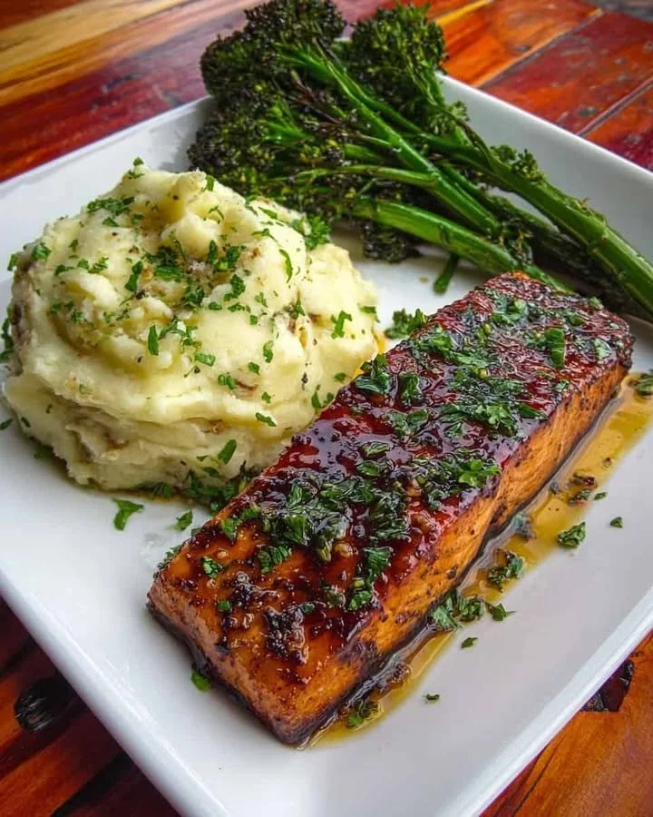 Honey Garlic Glazed Salmon with Rustic Mash & Roasted Broccolini