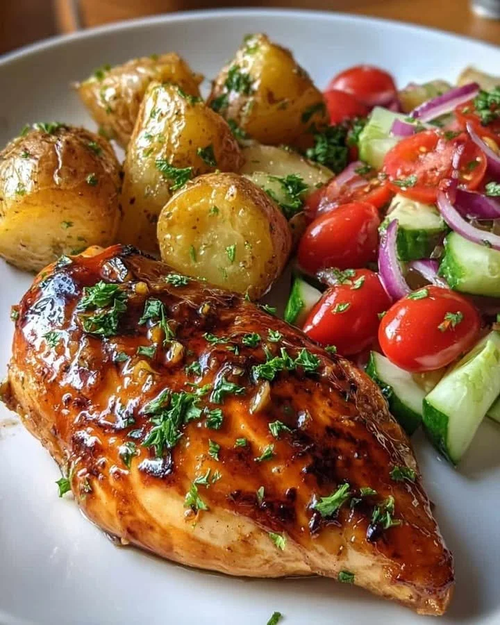 Honey-Glazed Chicken with Roasted Potatoes & Fresh Garden Crunch Honey-glazed chicken served with roasted potatoes and fresh garden salad