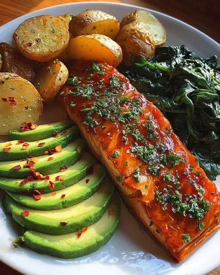 Hot Honey Glazed Salmon with Crispy Potatoes & Garlicky Greens Hot honey glazed salmon served with crispy potatoes and garlicky greens.