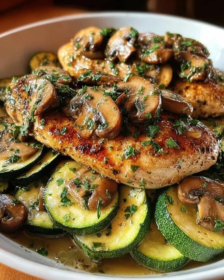 Italian Chicken, Mushrooms & Zucchini Skillet A delicious Italian Chicken, Mushrooms & Zucchini Skillet meal served in a pan
