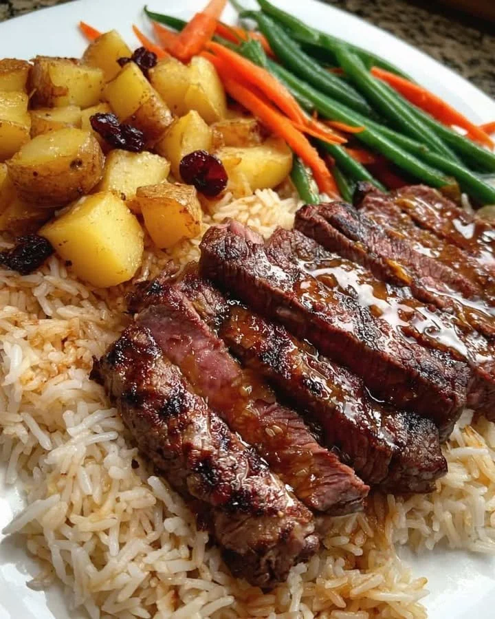 Juicy Steak Dinner with Savory Rice & Veggie Sides Juicy steak dinner with savory rice and fresh vegetable sides