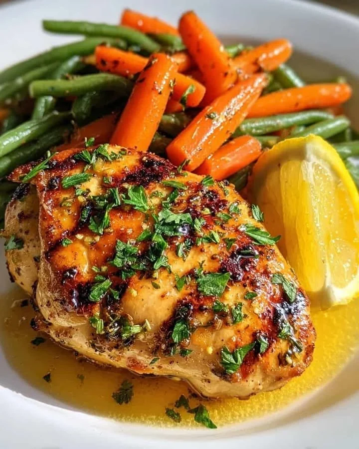 Lemon Herb Roasted Chicken with Glazed Carrots & Garlicky Green Beans