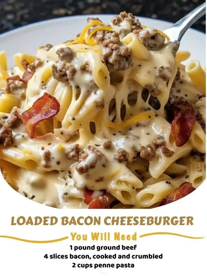 Creamy Loaded Bacon Cheeseburger Alfredo Pasta topped with crispy bacon