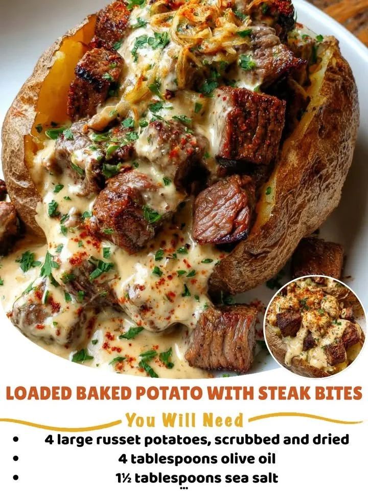 Delicious loaded baked potato topped with steak bites and fresh toppings.