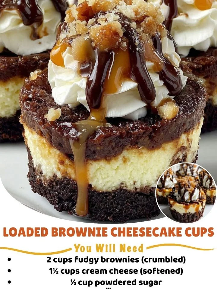 Loaded brownie cheesecake cups filled with rich brownie and creamy cheesecake layers.