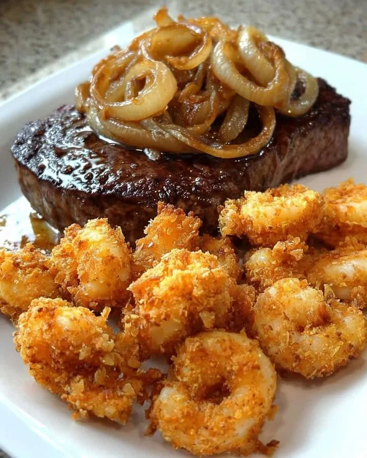 Loaded steak plate topped with fried shrimp and caramelized onions.