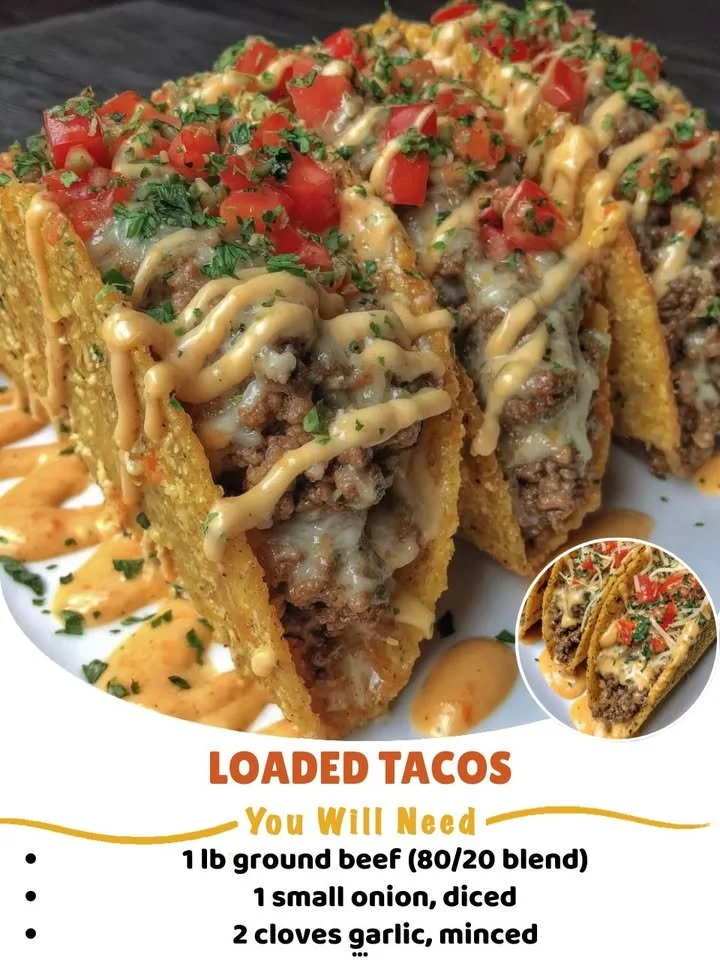 Delicious loaded tacos garnished with creamy cheese sauce and fresh toppings