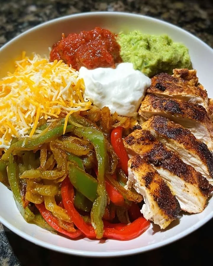 Low-Carb Chicken Fajita Bowl with Guac, Salsa & Cheese
