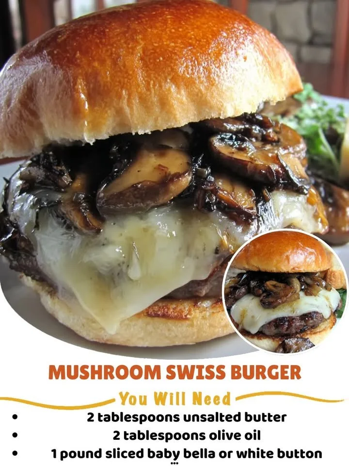 Mushroom Swiss Burger Mouthwatering Mushroom Swiss Burger with melted cheese and sautéed mushrooms