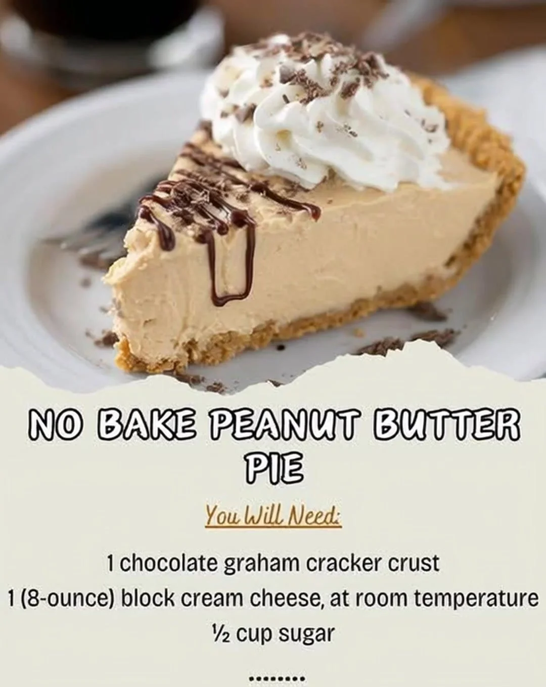 Delicious no-bake peanut butter pie topped with whipped cream and chocolate drizzle.