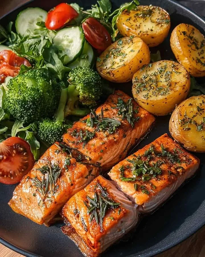 Pan-Seared Salmon with Herb Potatoes Delicious pan-seared salmon with herb-seasoned potatoes on a plate