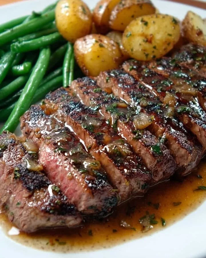 Pan Seared Steak with Garlic Butter, Herb Potatoes & Green Beans