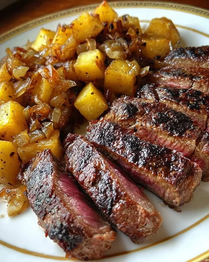 Juicy pan-seared steak served with crispy potatoes and caramelized onions.